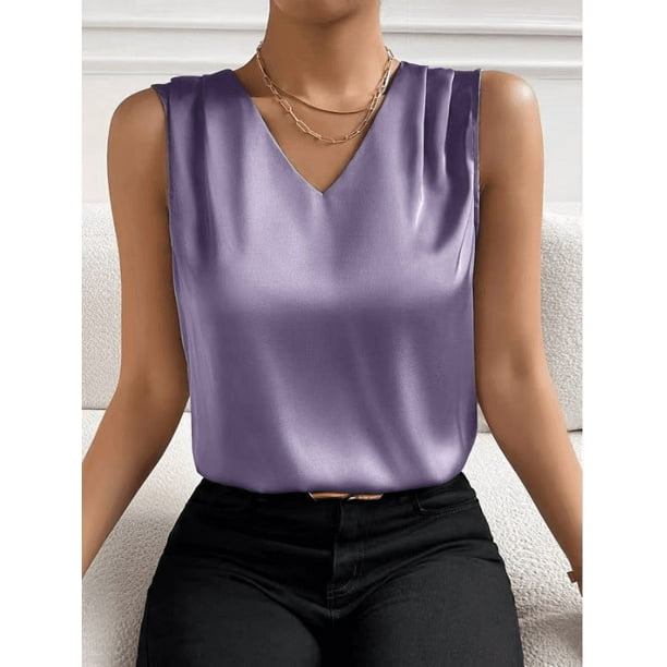 Xuyuer Women's Casual Fashion Solid Color V-Neck Satin Top, Chic Short Sleeve Blouse for Dinner Dates, Cocktail Parties and Spring Summer Evening Wear