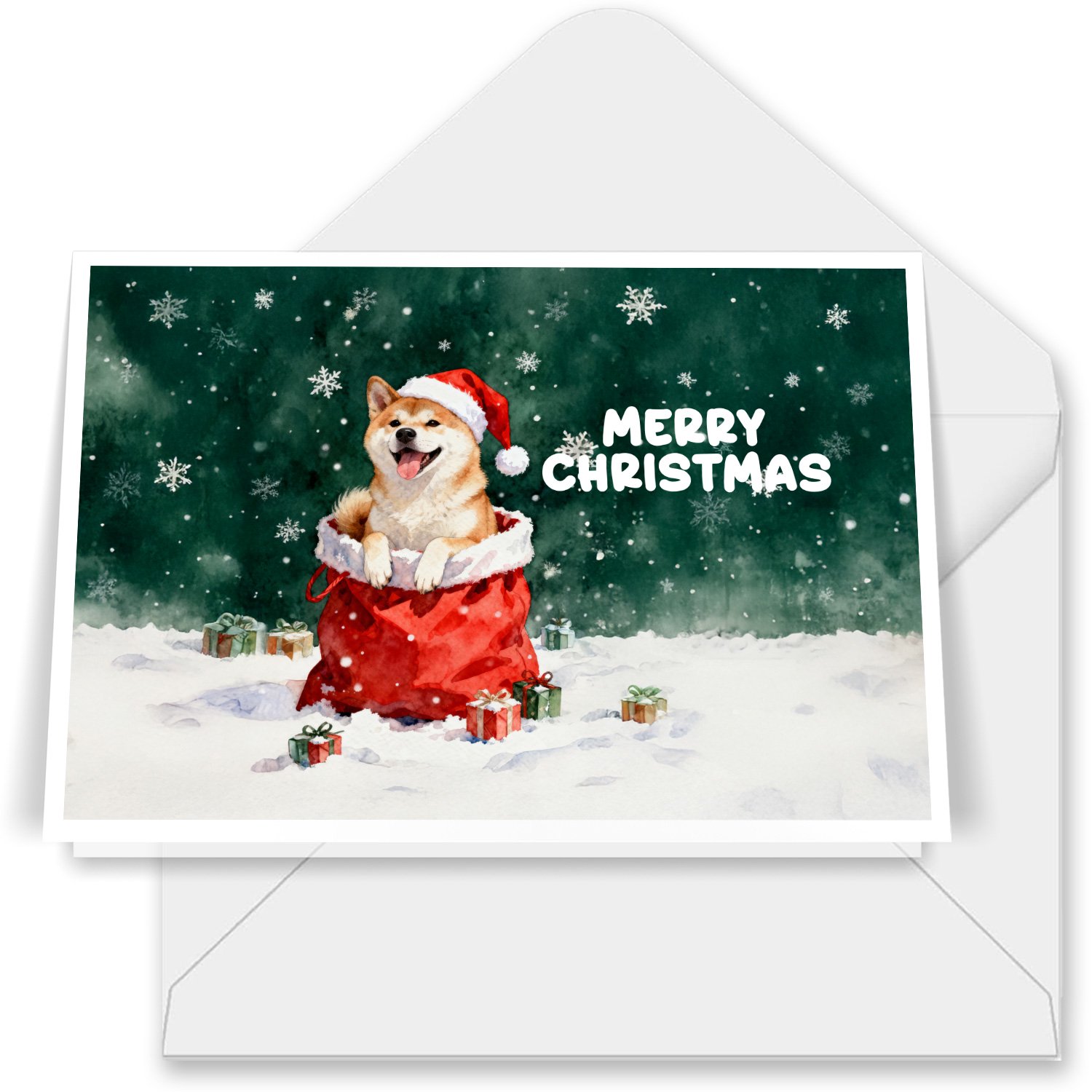 Santa Surprise Gift Akita Merry Cheerful Christmas 7x5in Folded Greeting Card Inu Dog Lover Single Note Card with Envelope - 12021