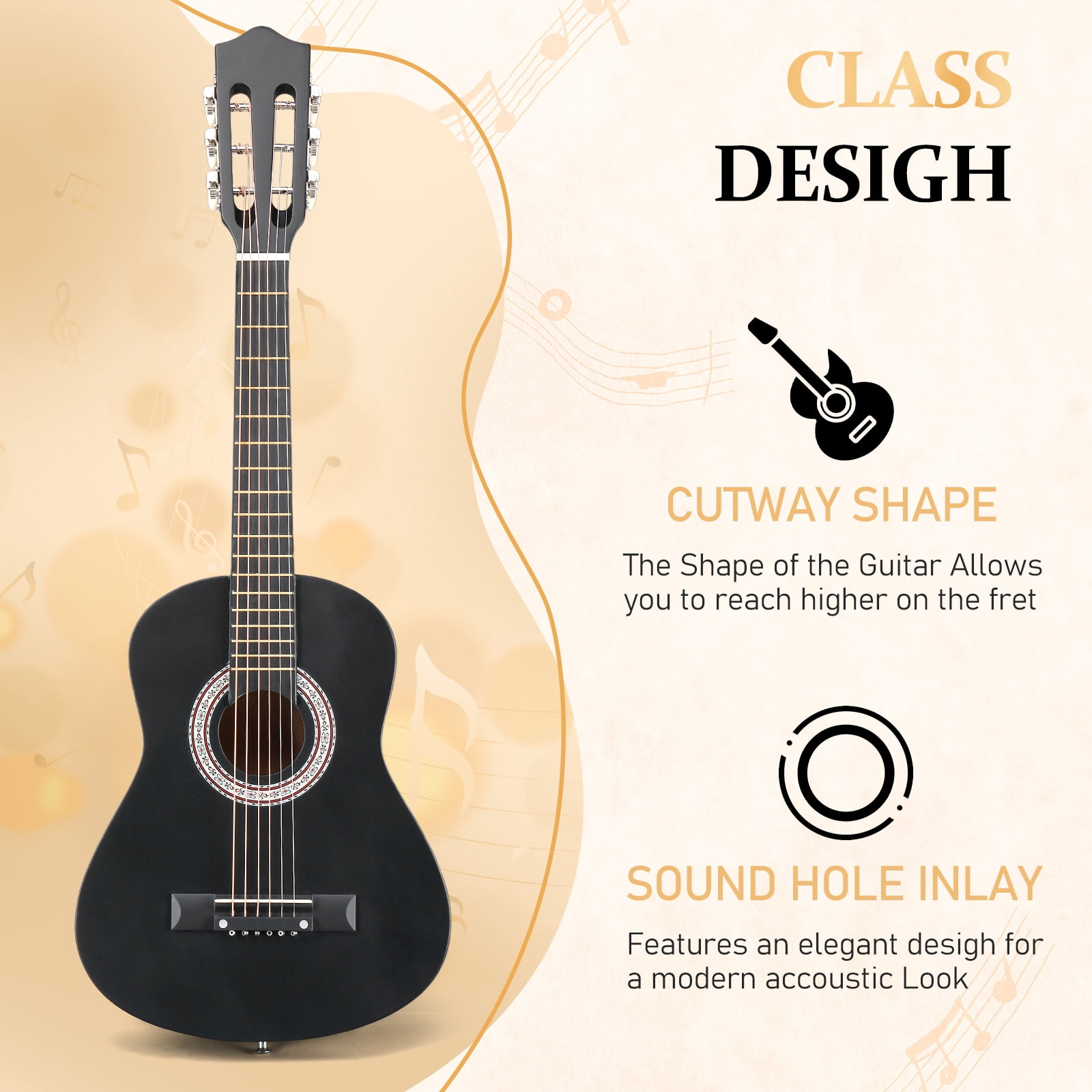Ktaxon 30in Beginner Round Acoustic Guitar Starter Kit with Bag, Tuner, Extra Strings, Matte Black