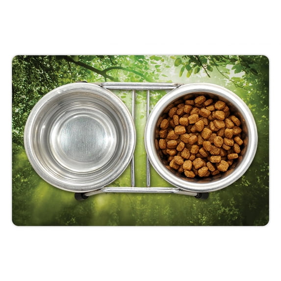 Forest Pet Mat for Food and Water, Rays of Sun Deep Dark in the Forest in Foliage with Effects Scenic Image Print, Non-Slip Rubber Mat for Dogs and Cats, 18" X 12", by Ambesonne
