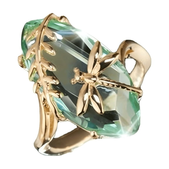 18K Gold Plated Crystal Dragonfly Ring Dainty Eye Shape Cocktail Party Statement Ring for Women Green-Size 6