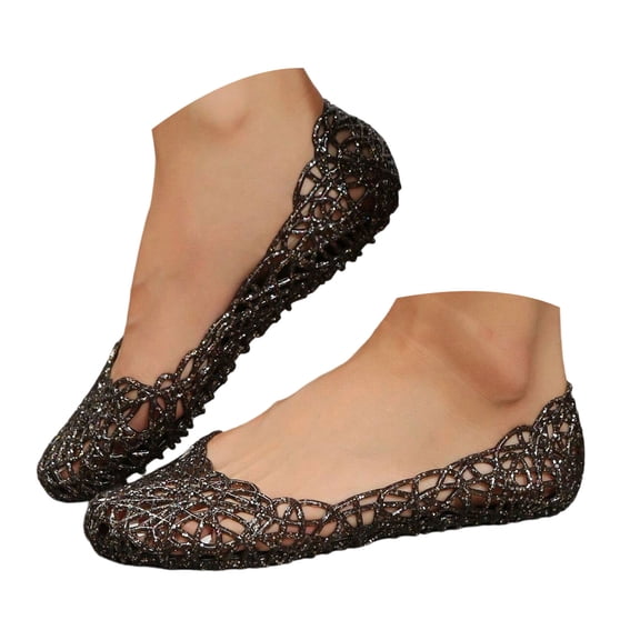 Rokment Womens Sparkly Sequin Hollow out Jelly Ballet Flat Dress Shoes Summer Fall Casual Comfortable Pointed Toe Slip on Loafers Walking Dressy Sandals Black Size 6