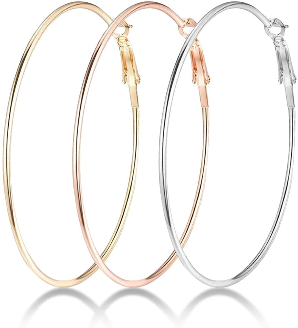 Stainless Steel Hoop Earrings in Gold Plated Rose Gold Plated Silver for Women Girls 3 Pairs Big Hoop Earrings