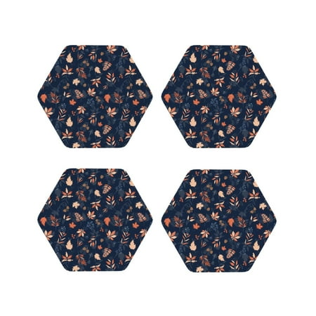

Coasters Set of 4 - Autumn Leaves With Blue Drink Coasters for Tabletop Protection Leather Coasters for Living Room Decor and Housewarming Gift Hexagon