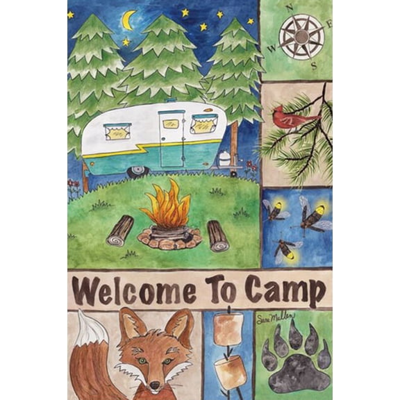 Welcome to Camp Garden Flag Camping Outdoor Adventure Critters Trailer 12"x18"
