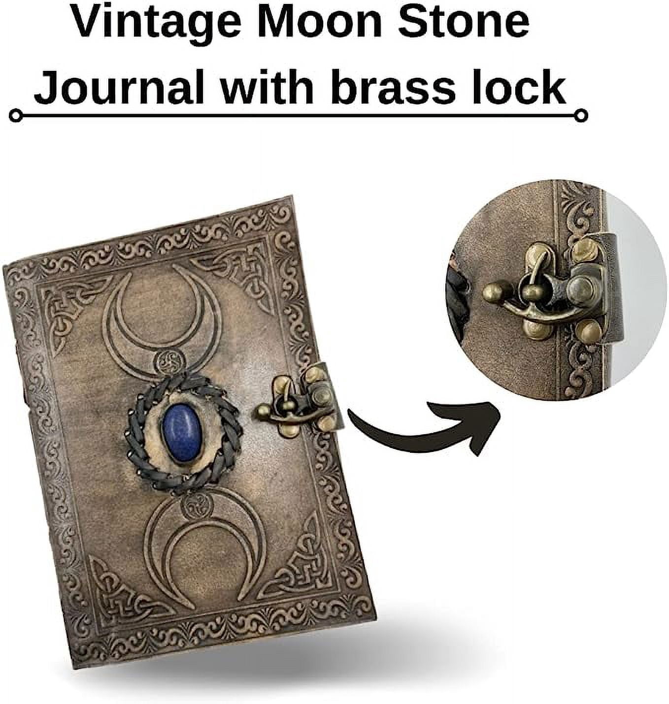 OVERDOSE Vintage Moon Design Stone Leather Journal With Brass C-Lock - Handmade Unlined Paper Leather Bound Journal | Sketchbook & Notebook - Drawing Journal - 5 x 7 inches | 12 x 17 cm | A6