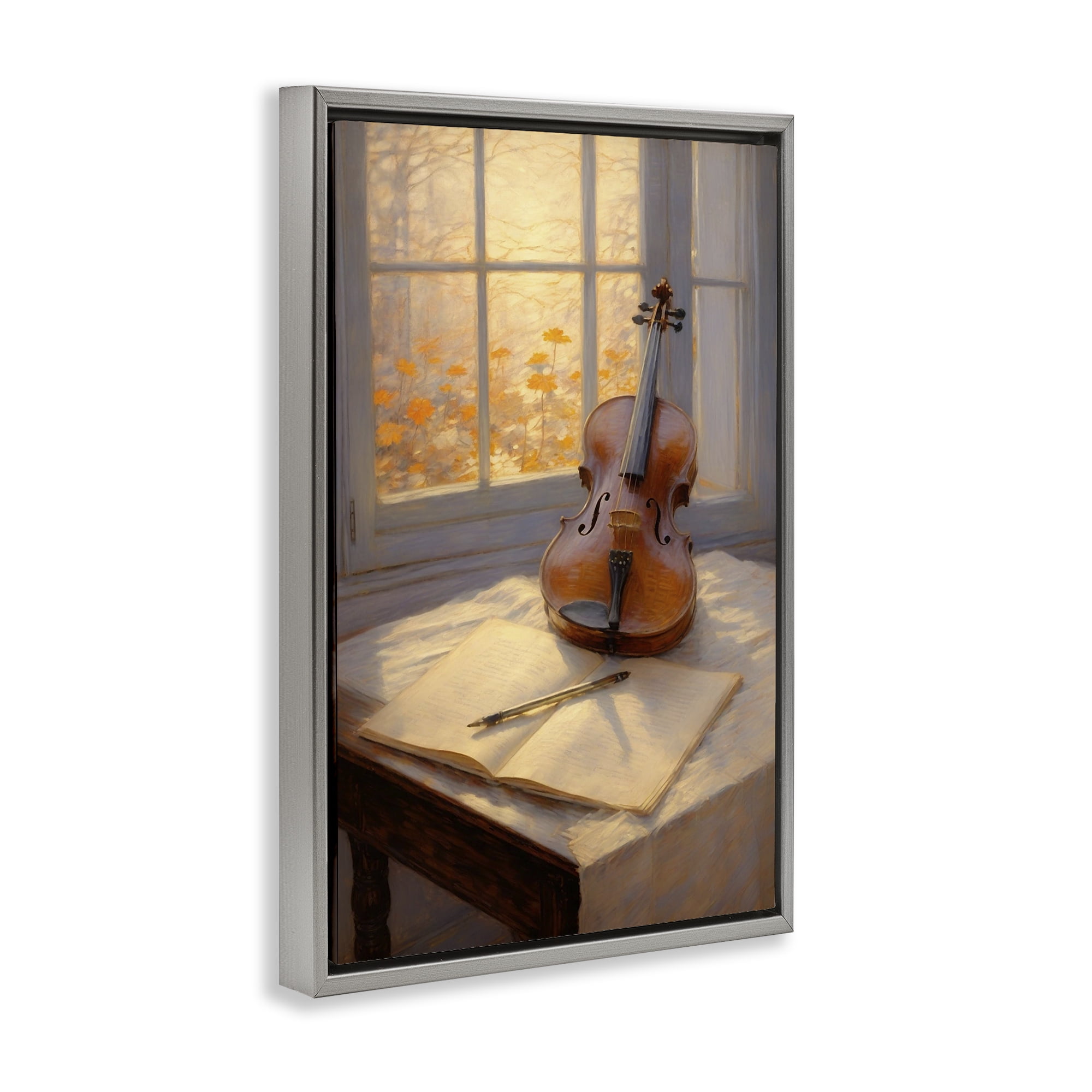 Stupell Industries Autumn Sunlit Violin Gray Framed Floater Canvas Wall Art, design by Angie Hawke