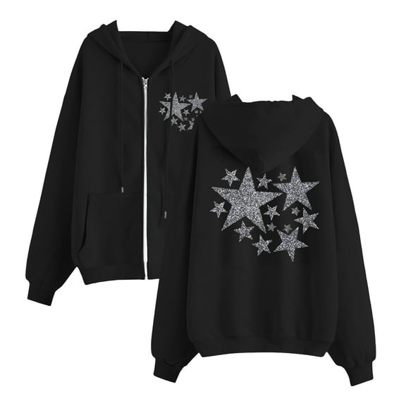 GA WEIHUA Clearance,Oversized Sweatshirt for Women Drop Shoulder Long Sleeve Fleece Pullover Trendy Full Zip Up Hoodies Casual Printed Pullover Top(Black,Large)