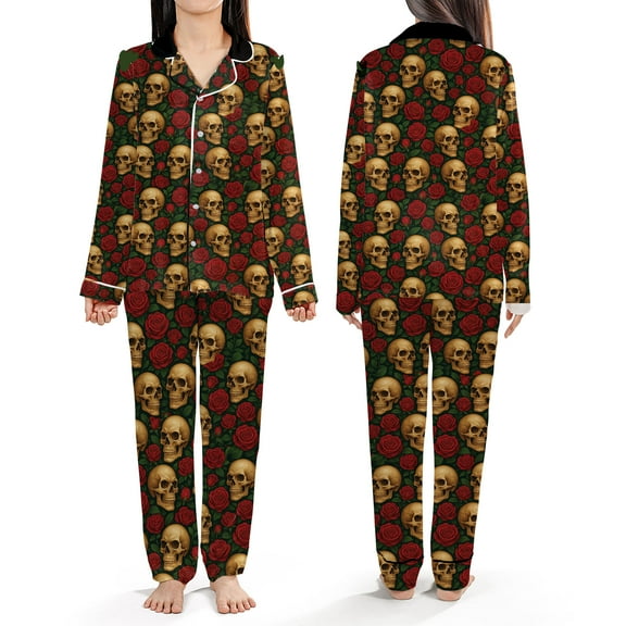 Skull & Rose Satin Pajamas Set – Gothic Floral Sleepwear Set, Nightwear for Halloween - Christmas Gift