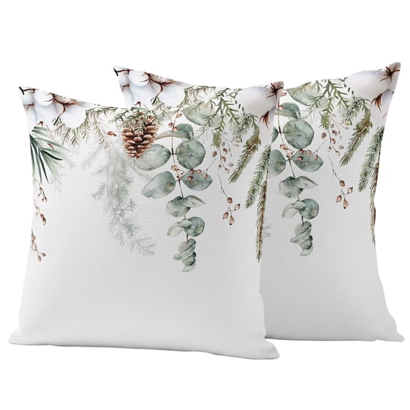 Christmas Botanical Outdoor Pillow Covers 24"x24" Set of 2,Waterproof Throw Pillow Covers for Patio Furniture,Eucalyptus Leaves Xmas Pinecone Cotton Decorative Cushion Pillowcases for Garden Sofa