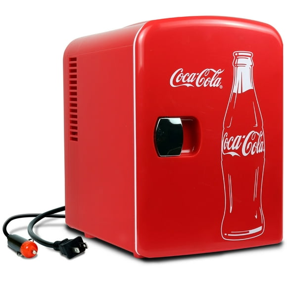 Coca-Cola Classique Bouteille de Coke 4L Mini-Frigo W / 12V DC et 110V AC Cordons, 6 Can Portable Glacière, Réfrigérateur de Voyage Personnel pour les Collations Déjeuner Boissons Cosmétiques, Bureau à la Maison Dortoir- Rouge