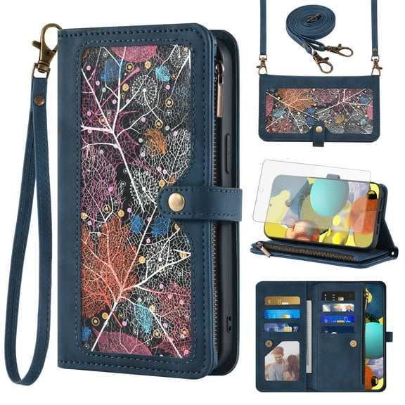 Asuwish Phone Case for Samsung Galaxy A51 4G Wallet Cover With Tempered Glass Screen Protector Crossbody Wrist Strap Flip Pattern Zipper Credit Card Holder Cell A 51 M40S 51A A515F S51 Women Men Blue
