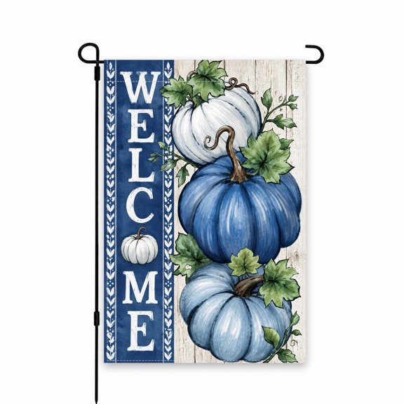 Garden Flag with Blue and White Pumpkins Welcome Design, Rustic Autumn Decor for Porch or Yard, 12 x 18 Inch, Perfect Outdoor Display for Fall