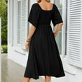 thumbnail image 5 of Busydd Womens Dresses Casual Solid Color Midi Dress Comfy Flowy Spring Dresses V Neck Short Sleeve Summer Dress Pleated Tiered Tunic Elegant Dresses, 5 of 5