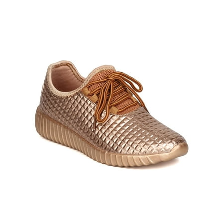 Jogging Shoes Review - Women Metallic Leatherette Quilted Lace Up Jogging Sneaker GB66