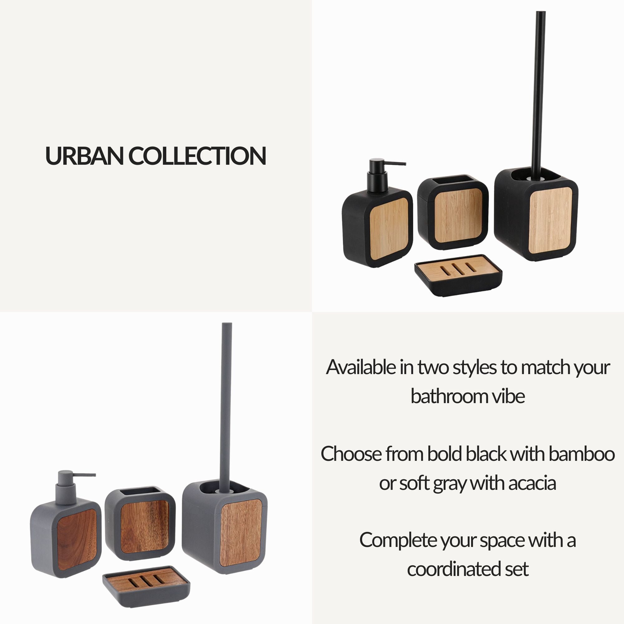 Toilet Brush and Holder Black Rubber and Bamboo