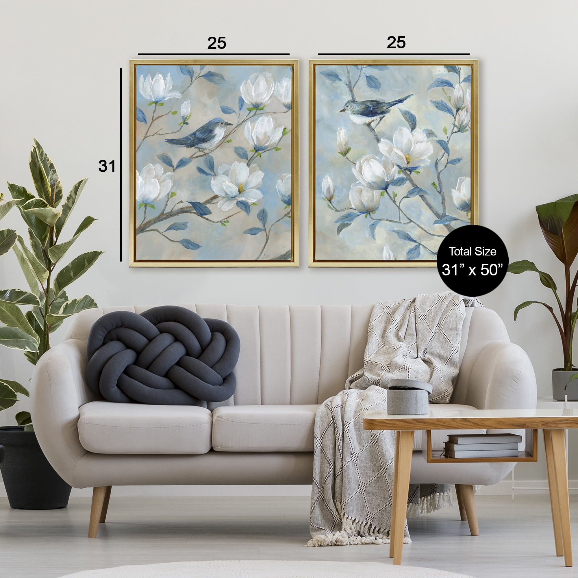 Stupell Industries Blue Birds in Magnolia Tree 2 Piece Gold Framed Floater Canvas Set, design by Nan
