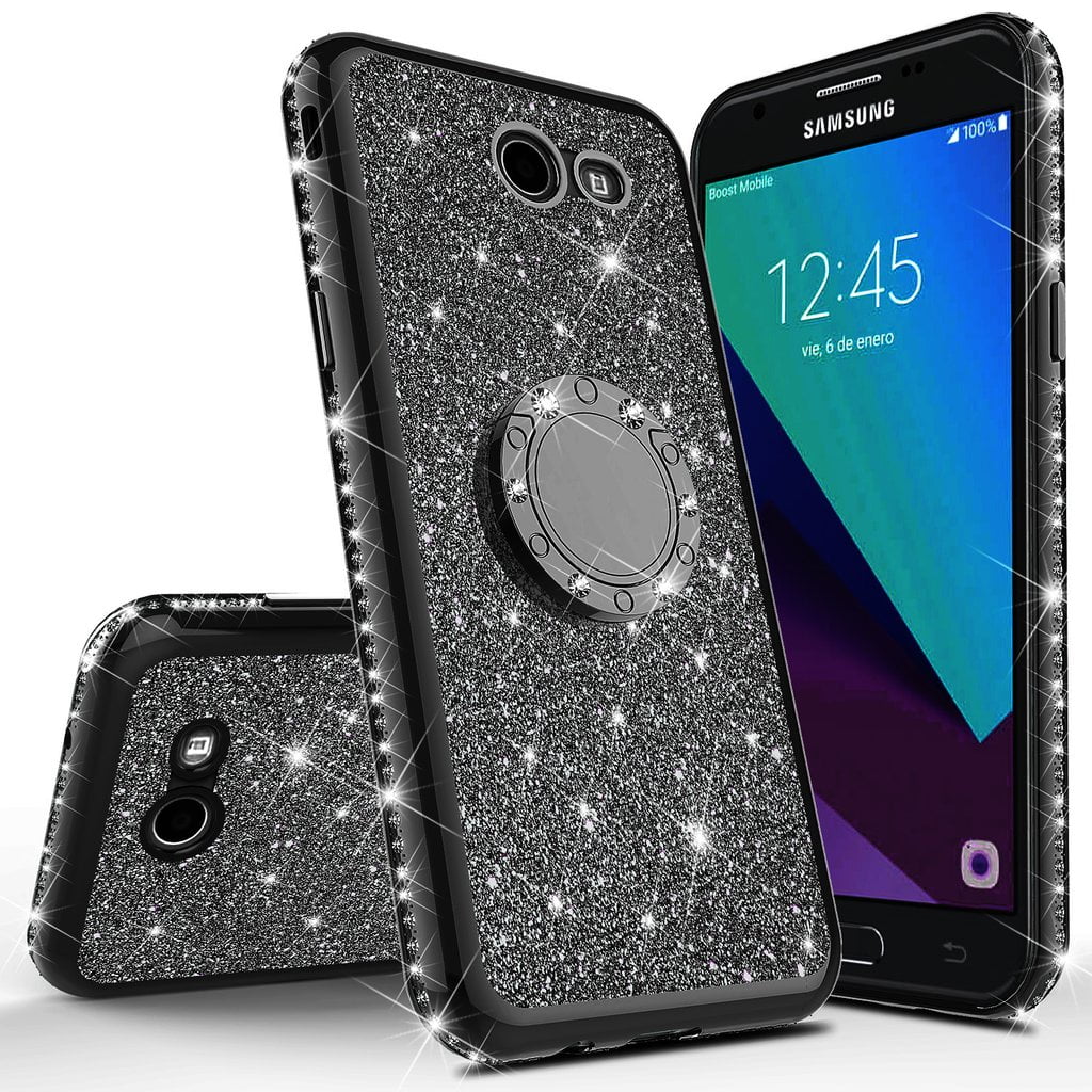 Samsung Galaxy J3 Prime J3 Eclipse J3 Mission J3 Luna Pro J3 Emerge J3 17 Amp Prime 2 Express Prime 2 Sol 2 Glitter Rhinestone Lanyard Case Cover Black Walmart Com Walmart Com