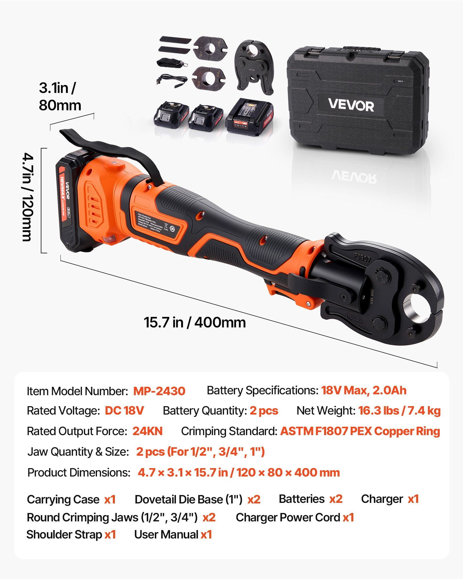 Professional Cordless Electric PEX Press Tool Kit - 18V, 3 Jaw Sizes for 1/2", 3/4", 1" PEX, Includes 2 Batteries & Fast Charger, Portable Carry Case - ASTM F1807 Certified