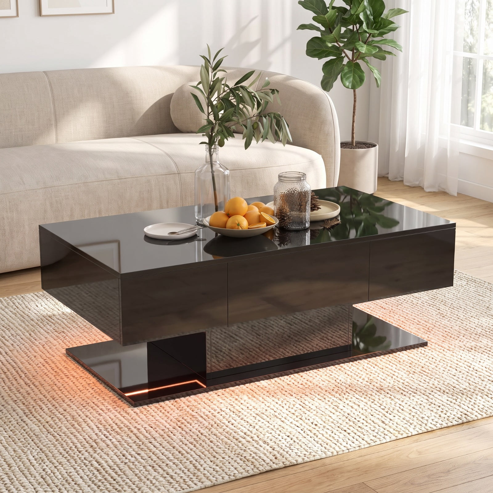 Furnibear Modern LED Coffee Table with 20 Color Lights and Remote Control for Living Room with 2 Storage Drawers and Open Shelf, Black