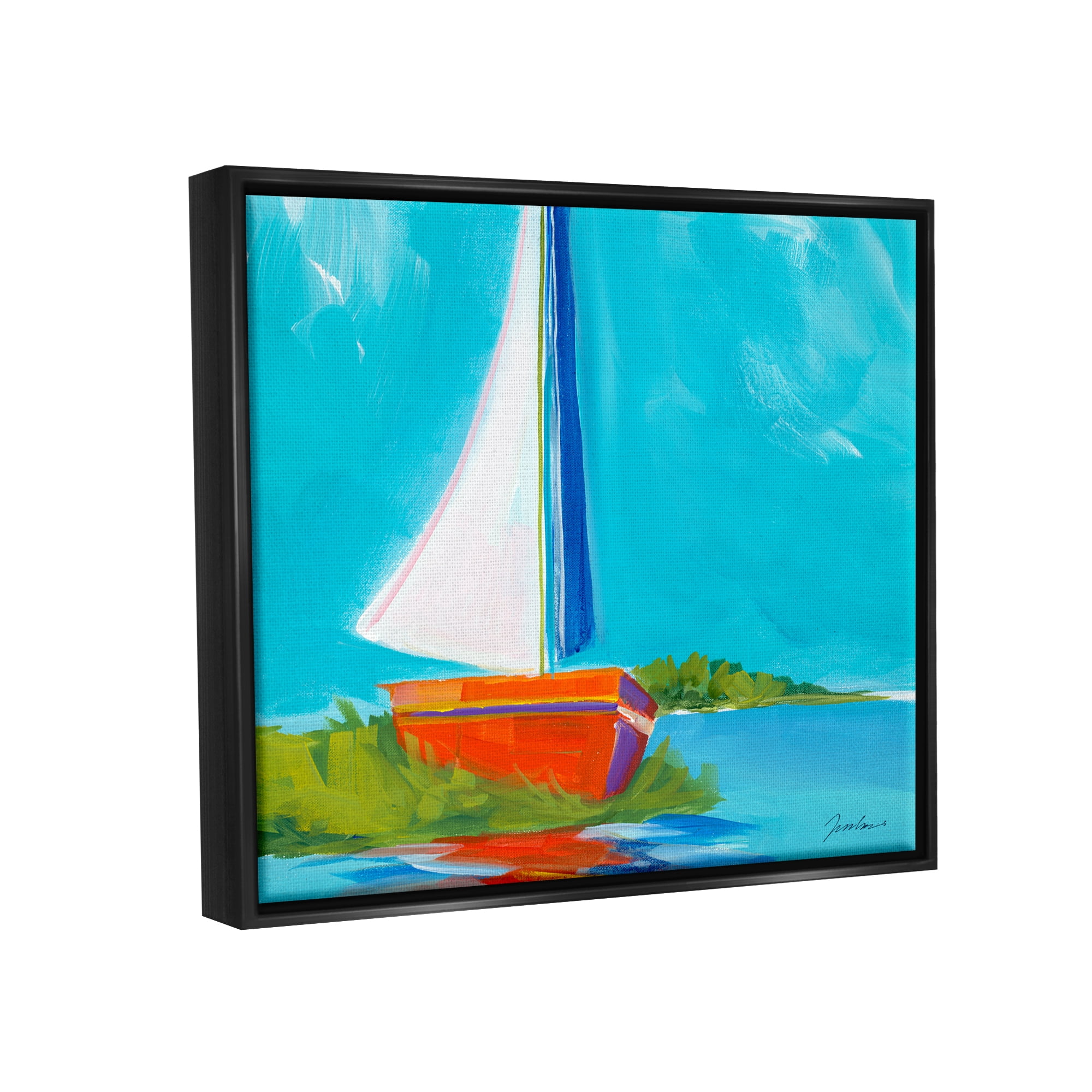 Stupell Industries Modern Sailboat on Shore Transportation Painting Black Floater Framed Art Print Wall Art, 31 x 25