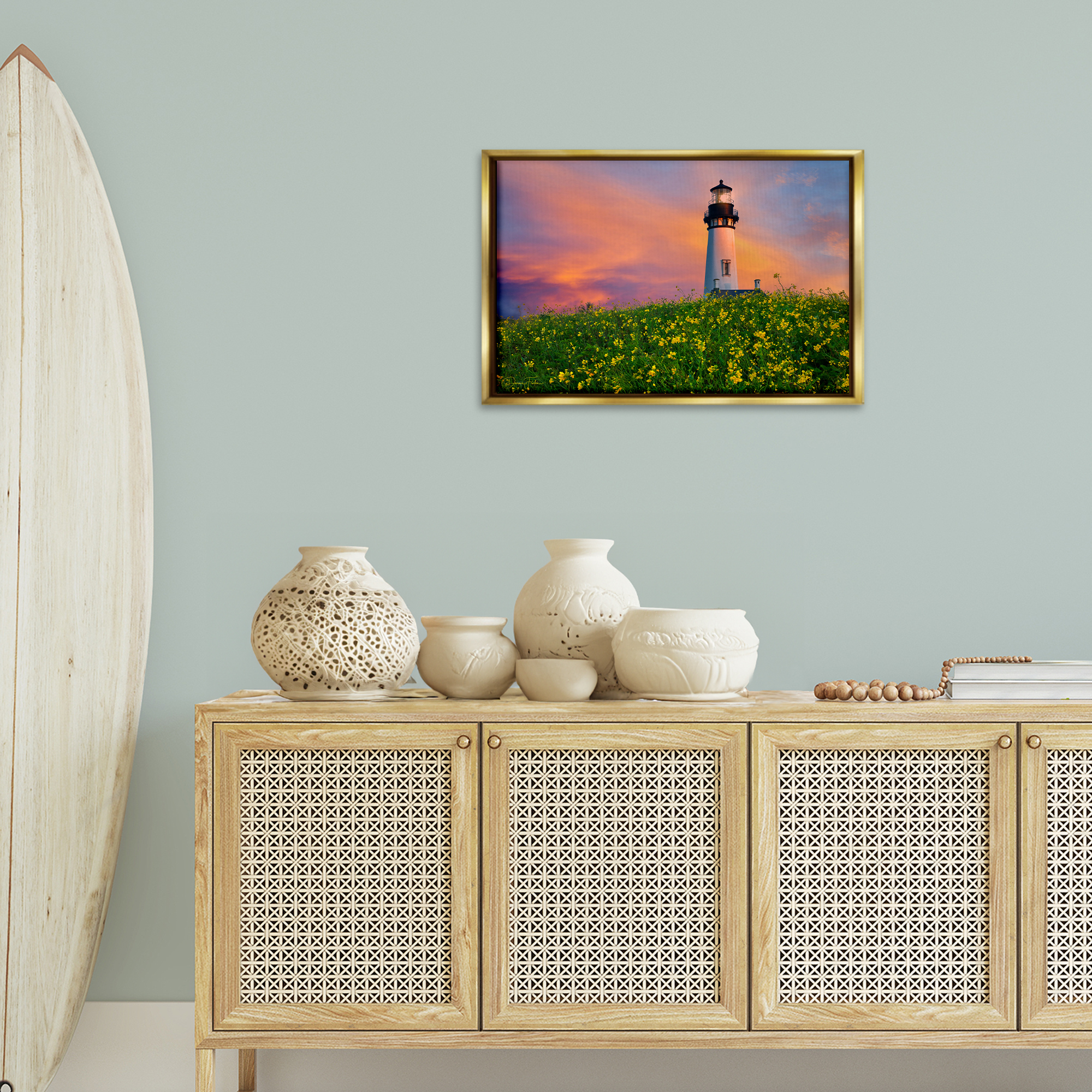 Stupell Industries Lighthouse & Floral Meadow Coastal Photography Gold Floater Framed Canvas Art Print Wall Art, 25 x 17