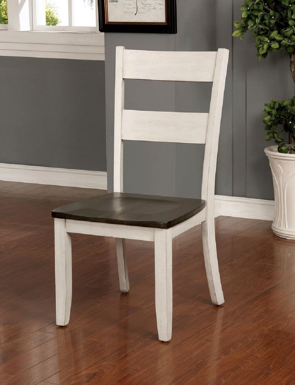 Transitional Style Solid Wood Side Chair, Antique White and Dark Oak