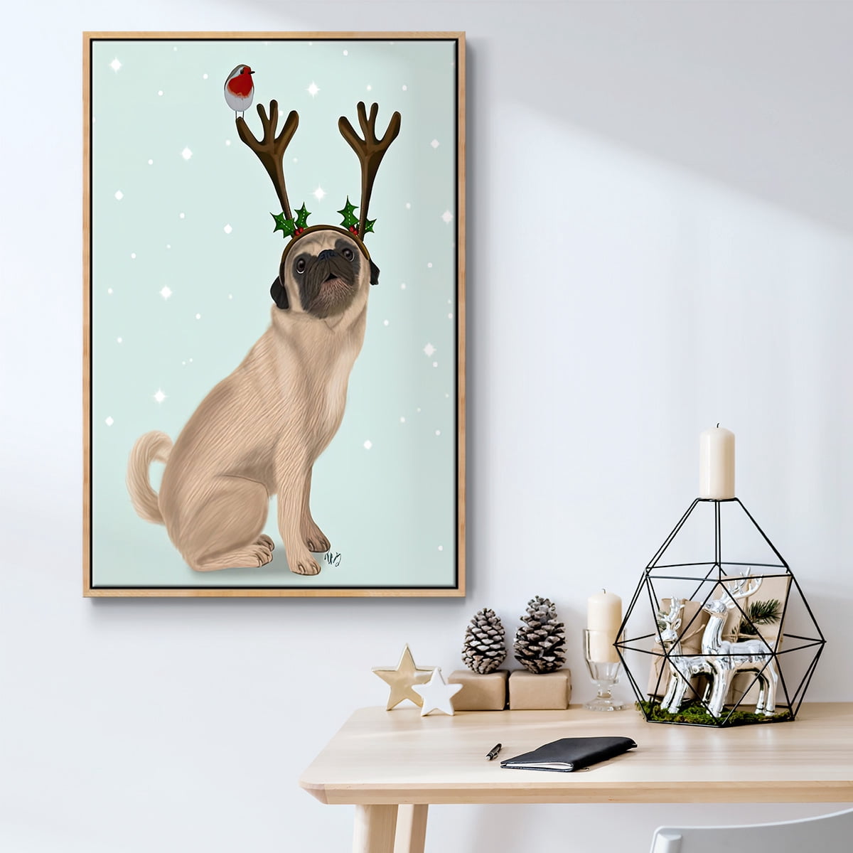 Christmas Pug with Antlers and Robin - Framed Gallery Wrapped Holiday Canvas - 27 x 41 - Natural Wood Frame