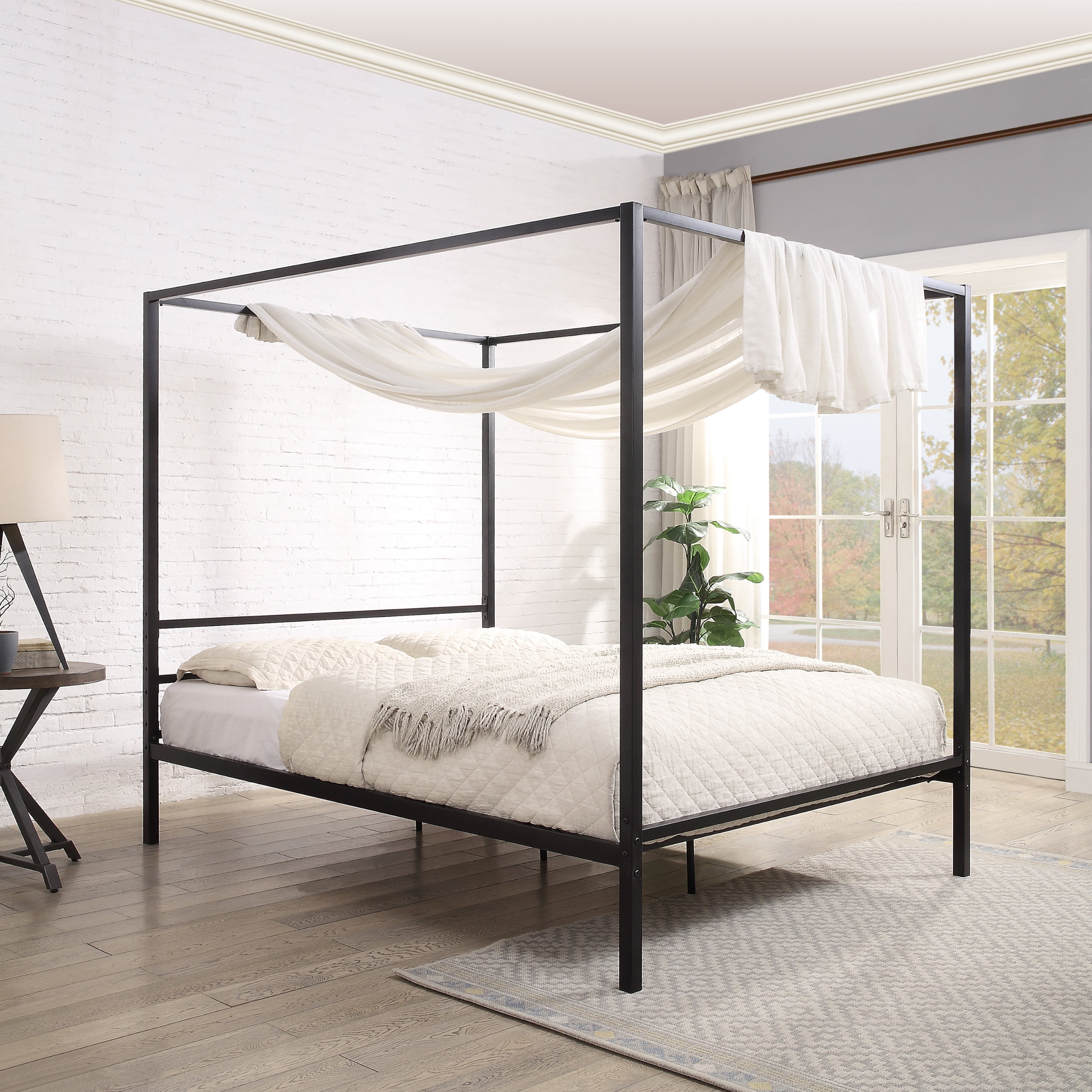 DG Casa Charles 4 Corner Post Canopy Platform Bed Frame Queen Size in Black Metal
