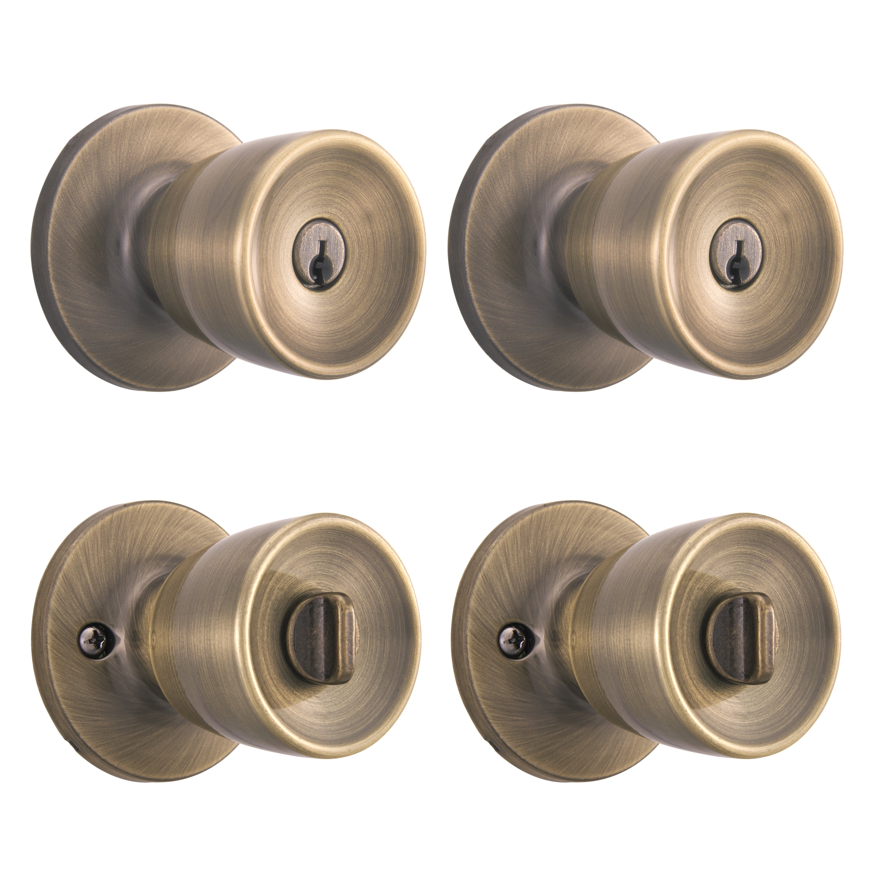 Brinks Keyed Entry Classic Bell Style Doorknob Twin pack, Antique Brass Finish