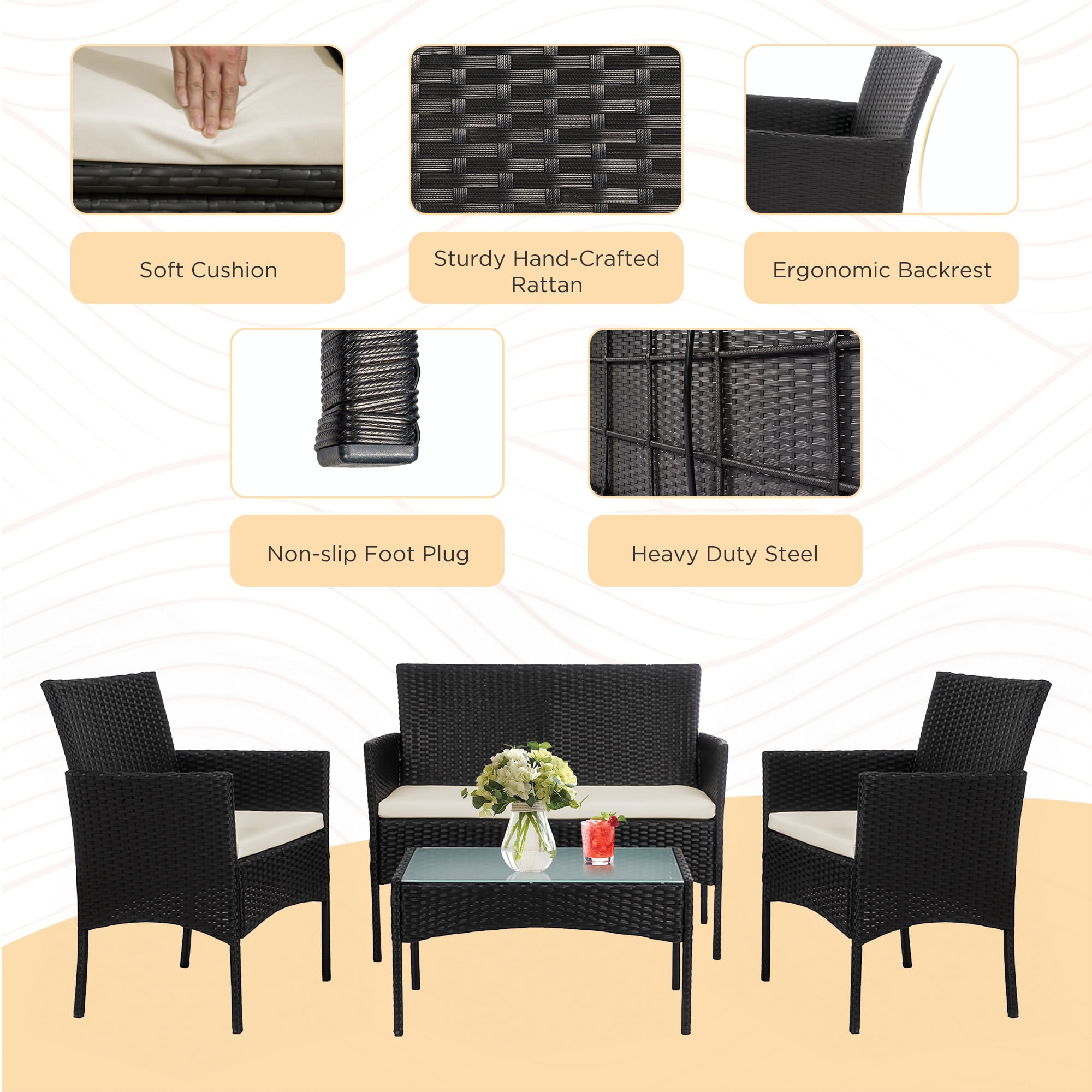 Tappio 4 Piece Patio Conversation Wicker Furniture Set, Porch Furniture Outdoor Sectional Furniture Set w/Side Table & Cushions, Wicker Sofa Garden Conversation Set for Yard Pool Backyard,Black/Beige