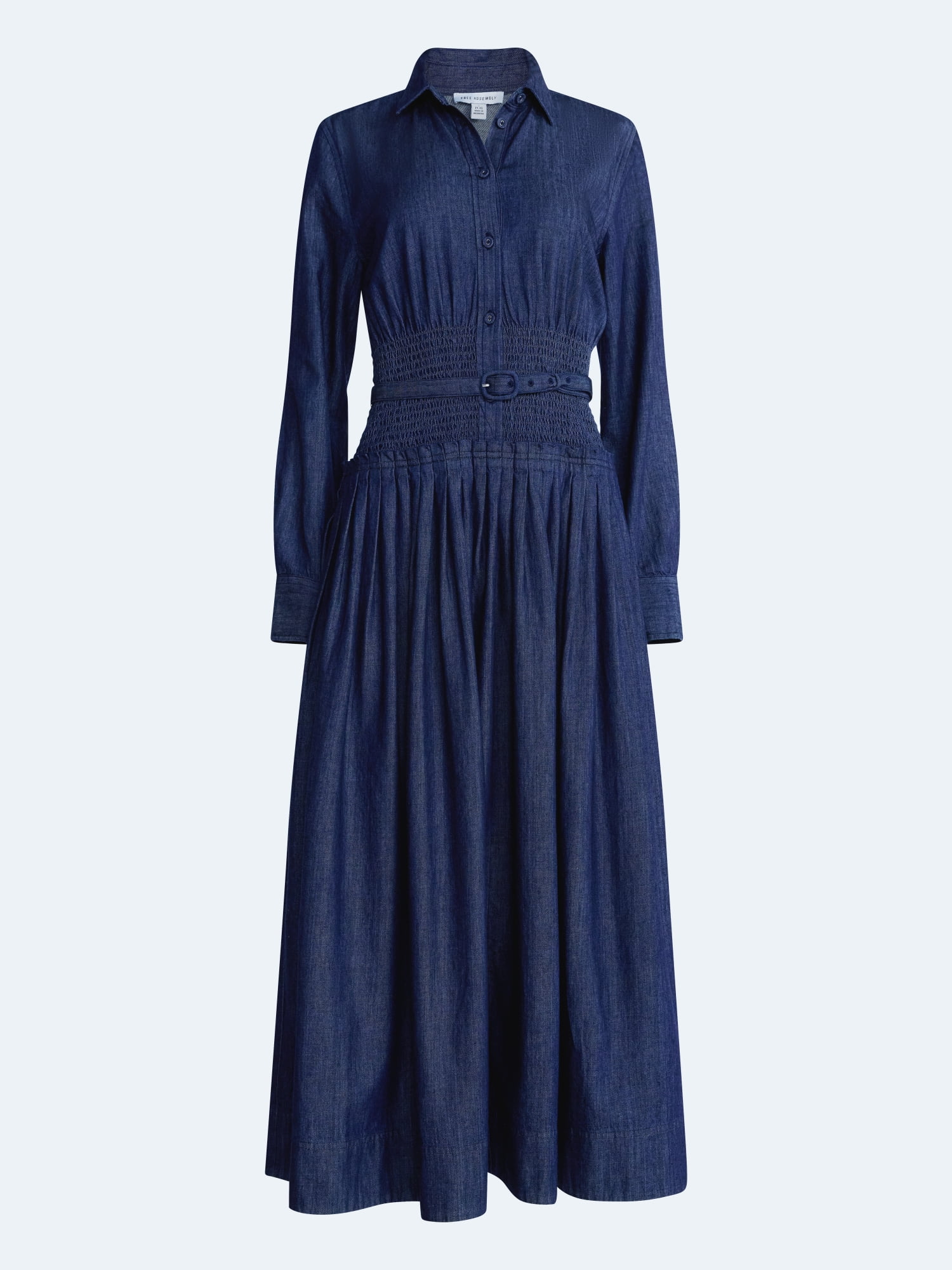 Free Assembly Women's Belted Smocked Waist Denim Midi Shirtdress, Sizes XS-XXL