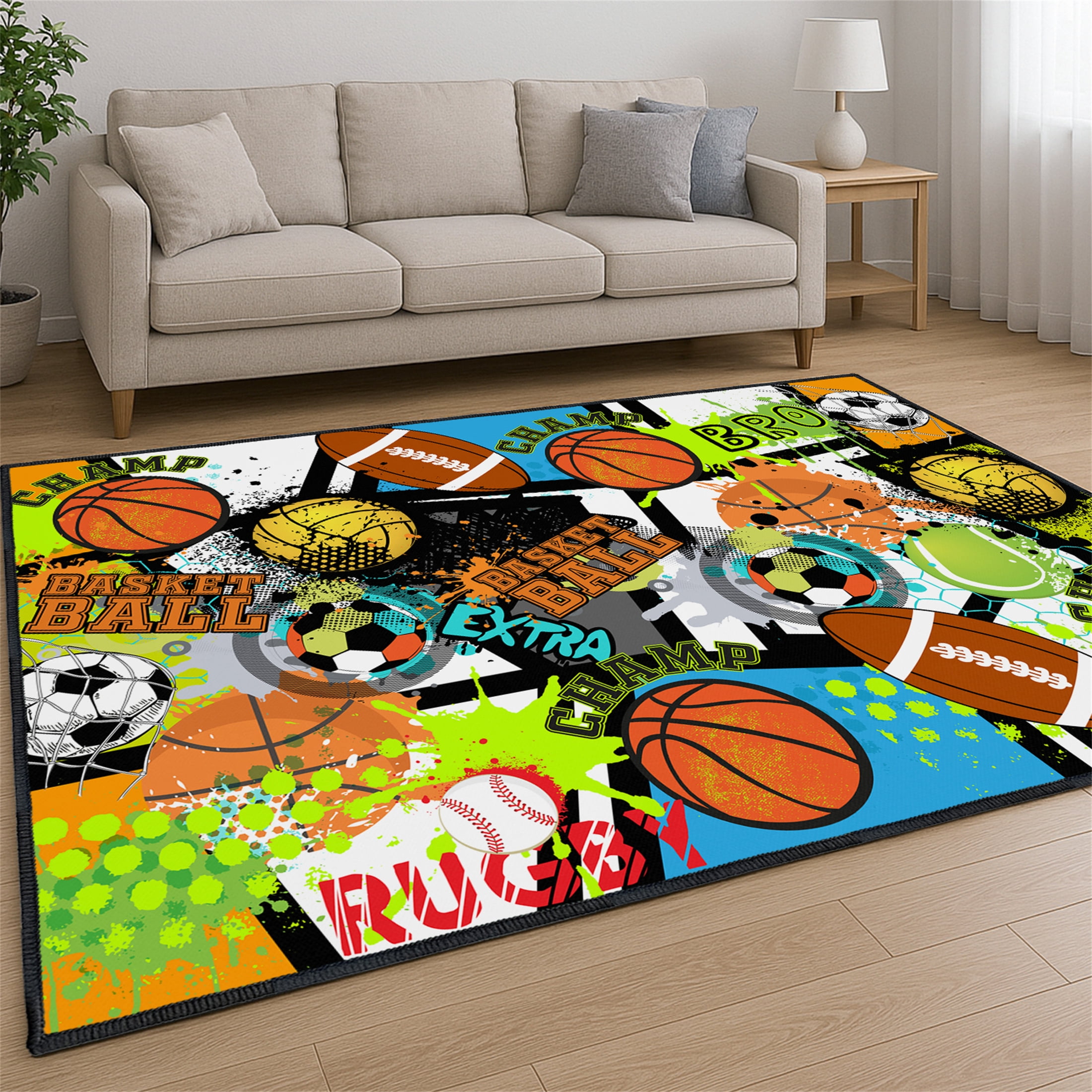 Sport Rug with Football,Basketball and Baseball Prints,Non-Slip 3x5ft Area Rugs for Bedroom Living Room Decor