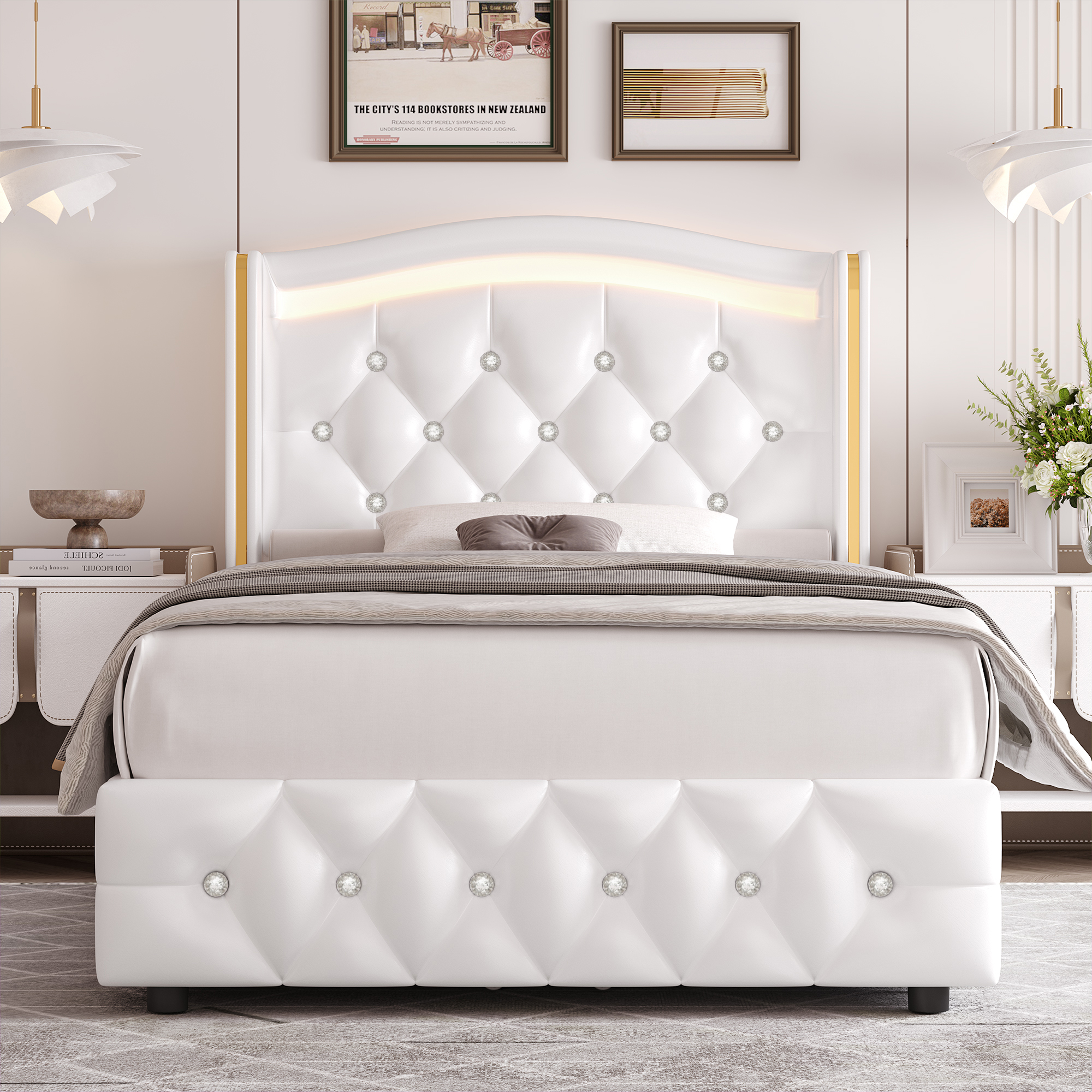 Homfa Twin Size LED Bed Frame with 4 Storage Drawers, PU Leather Upholstered Platform Bed with Crystal Buttons Headboard, White