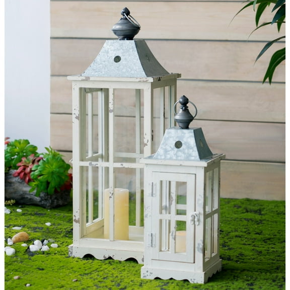 Llinc Store 2 Pack Farmhouse White Wooden Candle Lantern Decorative, Hurricane Lantern Holder Decor for Indoor & Outdoor for Gift, Yard, Garden, Patio, Balcony, Porch, Party