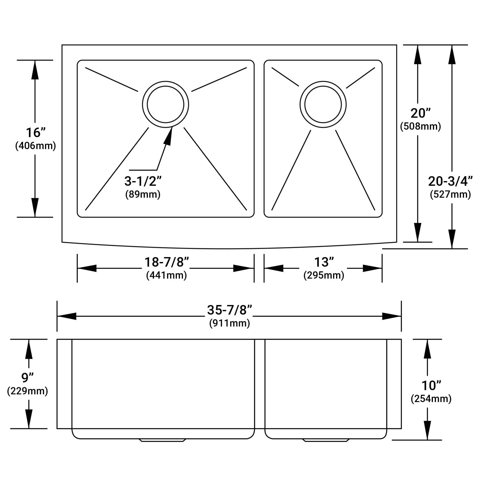 Miseno MNO163620F6040 36 in. Farmhouse Double Basin Stainless Steel Kitchen Sink with Apron Front 60-40 Split Drain Assemblies & Fitted Basin Rack