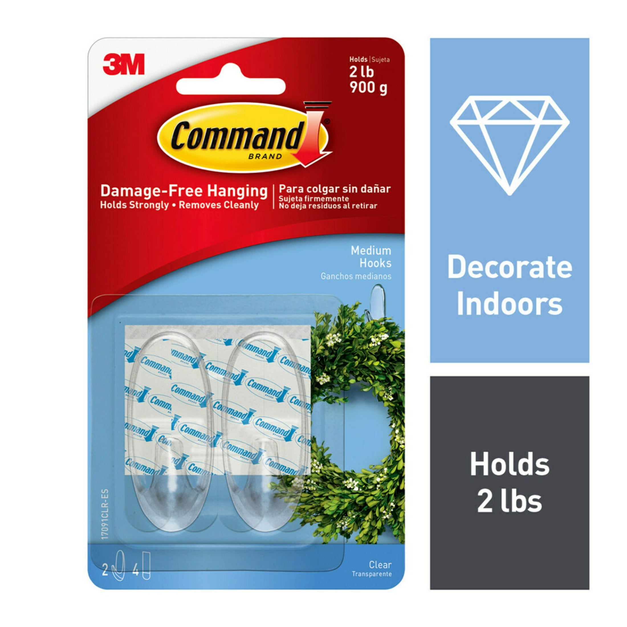 (3 pack) Command Medium Wall Hooks, Clear, Damage Free Hanging of Decorations, 2 Hooks