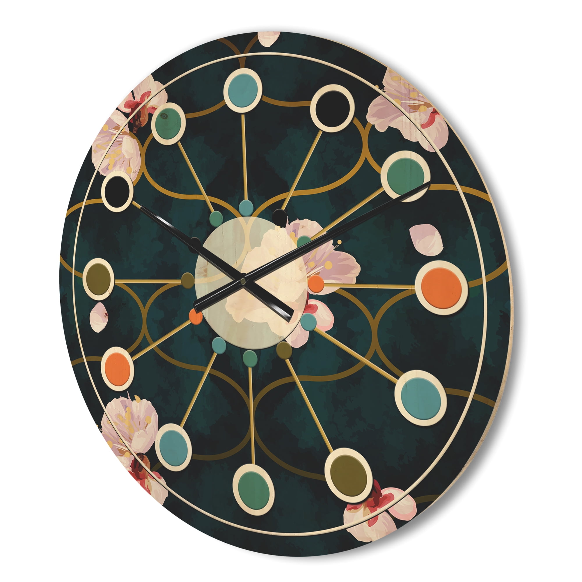 Designart 'Pink Flower Retro Pattern II' Mid-Century Modern Wood Wall Clock