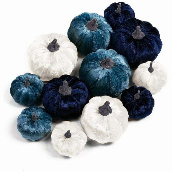 12 Pcs Pumpkin Fall Decorations, Decorative Velvet Mini Small Outdoor Fake Faux Artificial Pumpkins for Autumn Harvest Festival Halloween Thanksgiving Home Table Decor (Blue)