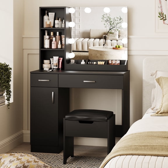 VEANERWOOD Vanity Desk Set with 3 Color Lighted Mirror, Makeup Table with Comfortable Cushioned Stool, Dressing Table Set with 3 Storage Compartments & Large Drawers, Black
