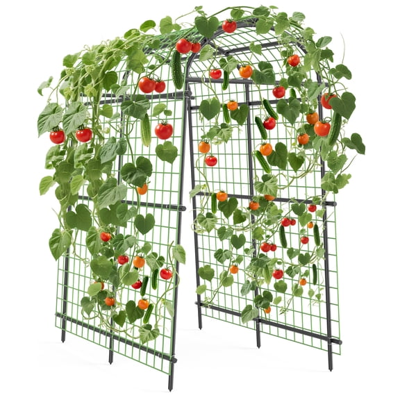 Studyset 7.5FT Metal Garden Arch Trellis with Netting, Adjustable 35"–45" Arbor for Climbing Plants,Roses, Grapes & Vegetables, Weather-Resistant Pergola, Weatherproof Steel Pergola with Ground Clips