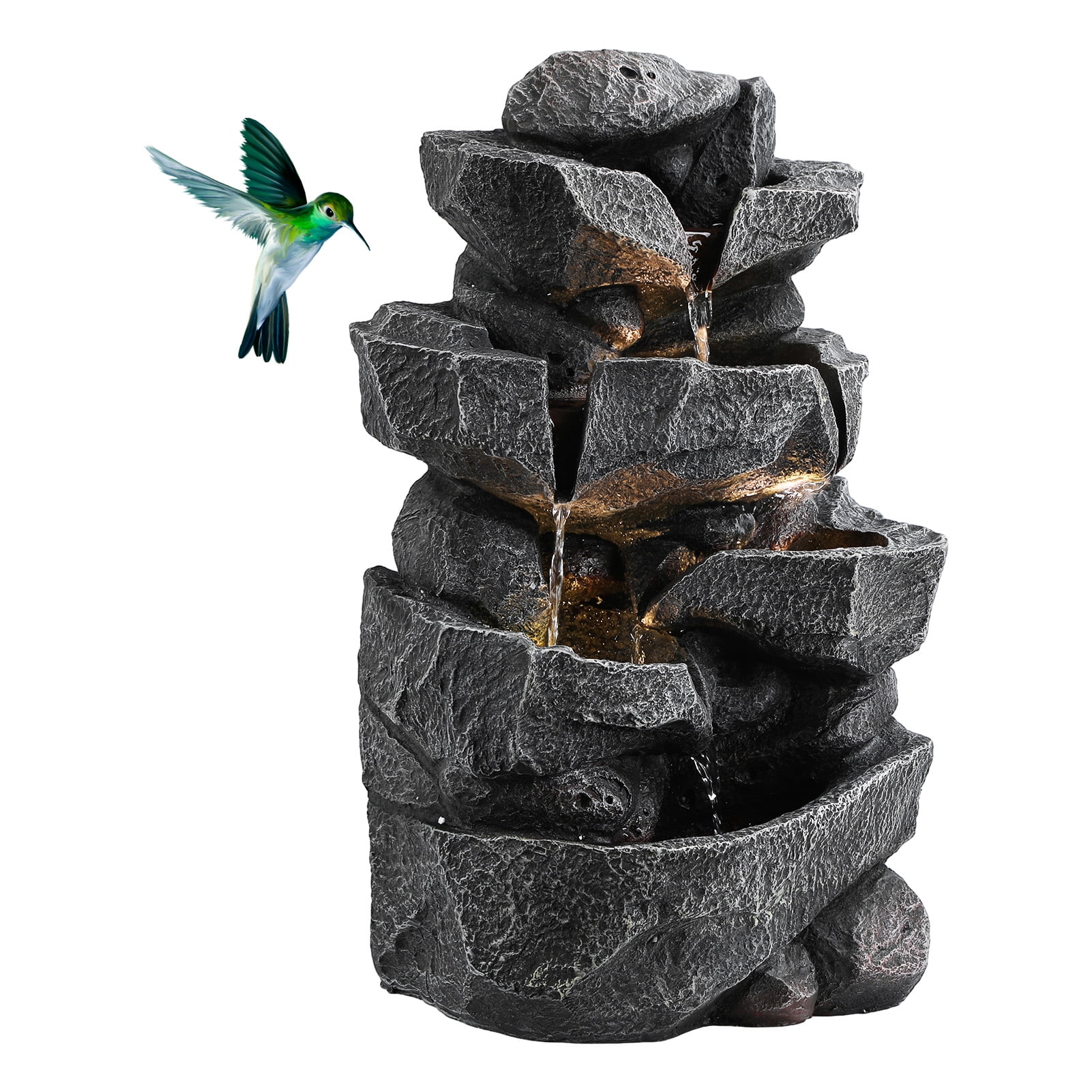 DJZ 5-Tiers Cascading Rock Water Fountain Outdoor Water Fountain Outside Patio Water Features Fountain with LED Light and Pump,Garden Waterfall Decor