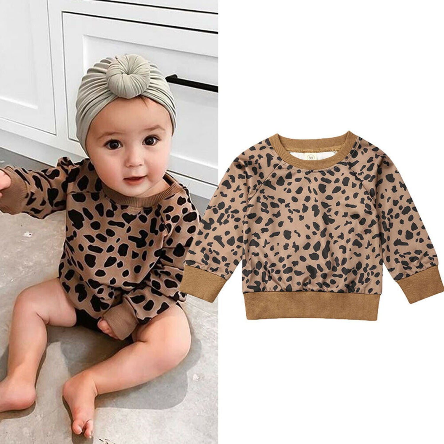 Toddler Baby Girls Boys Leopard Sweatshirt Casual Pullover Sweater Long Sleeve Shirt Blouse Tops Outfit Clothes