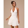 thumbnail image 3 of White Deep V-Neck Halter Slim Fit Puff Skirt Mini Dress, Elegant Solid White Dress For Beach Holiday Or Graduation, 3 of 8