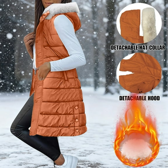 Roncen Women's Winter Long Padded Vest - Hooded Stand Collar Sleeveless Outerwear - Casual Quilted Coat with Front Pockets