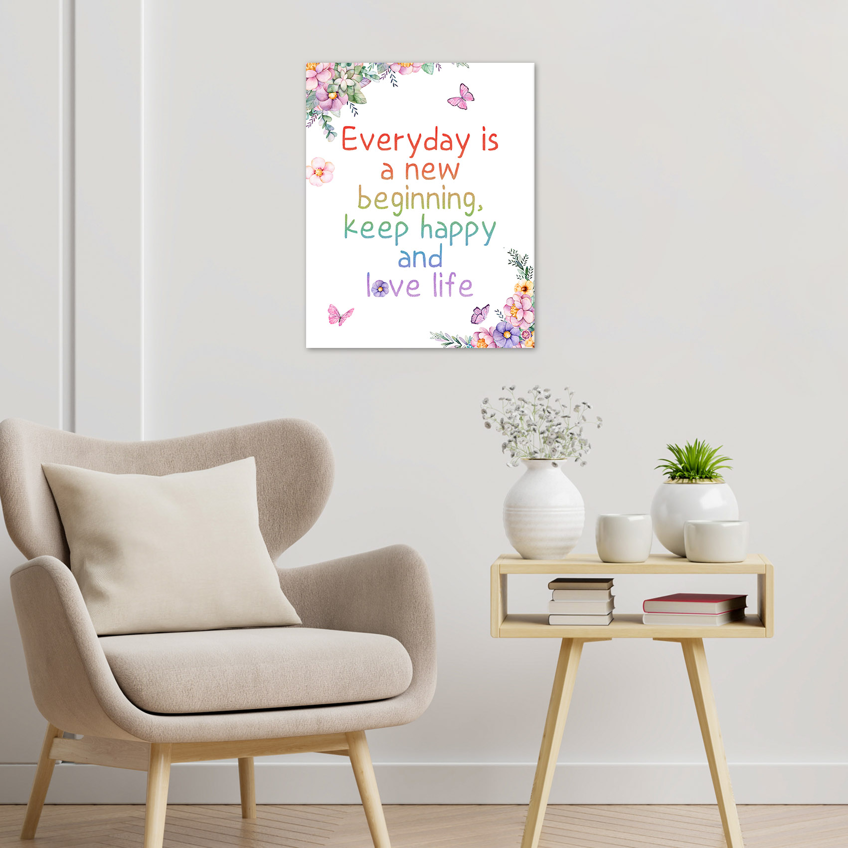 Inspirational Quotes Canvas Wall Art Colorful Flowers Butterflies Green ...