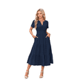 thumbnail image 1 of Vestido de Larga con Cuello en V, Plisado y Mangas Abullonadas, Azul Marino, Talla M, 1 of 4