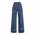 thumbnail image 3 of Women's High Waist Straight Leg Jeans, Faux Rhinestone Embellished Denim Pants, Loose Fit Casual Jeans for Daily Wear, Street Style and Plus Size Outfits Dark Blue S, 3 of 5