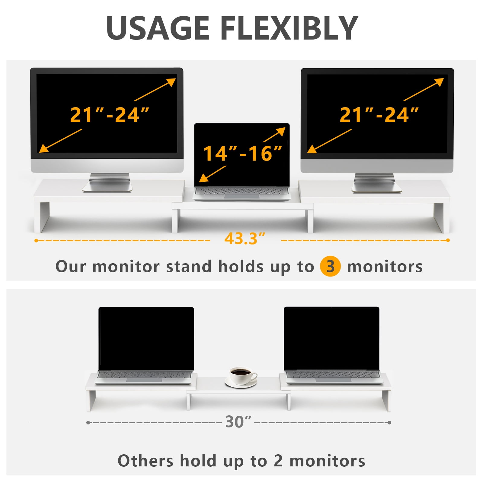 RTVR Dual Monitor Stand Riser Office Desktop Organizer Stand for 2 Monitors, Adjustable Length & Angle 3 Shelf Extra Long for TV Computer Laptop White