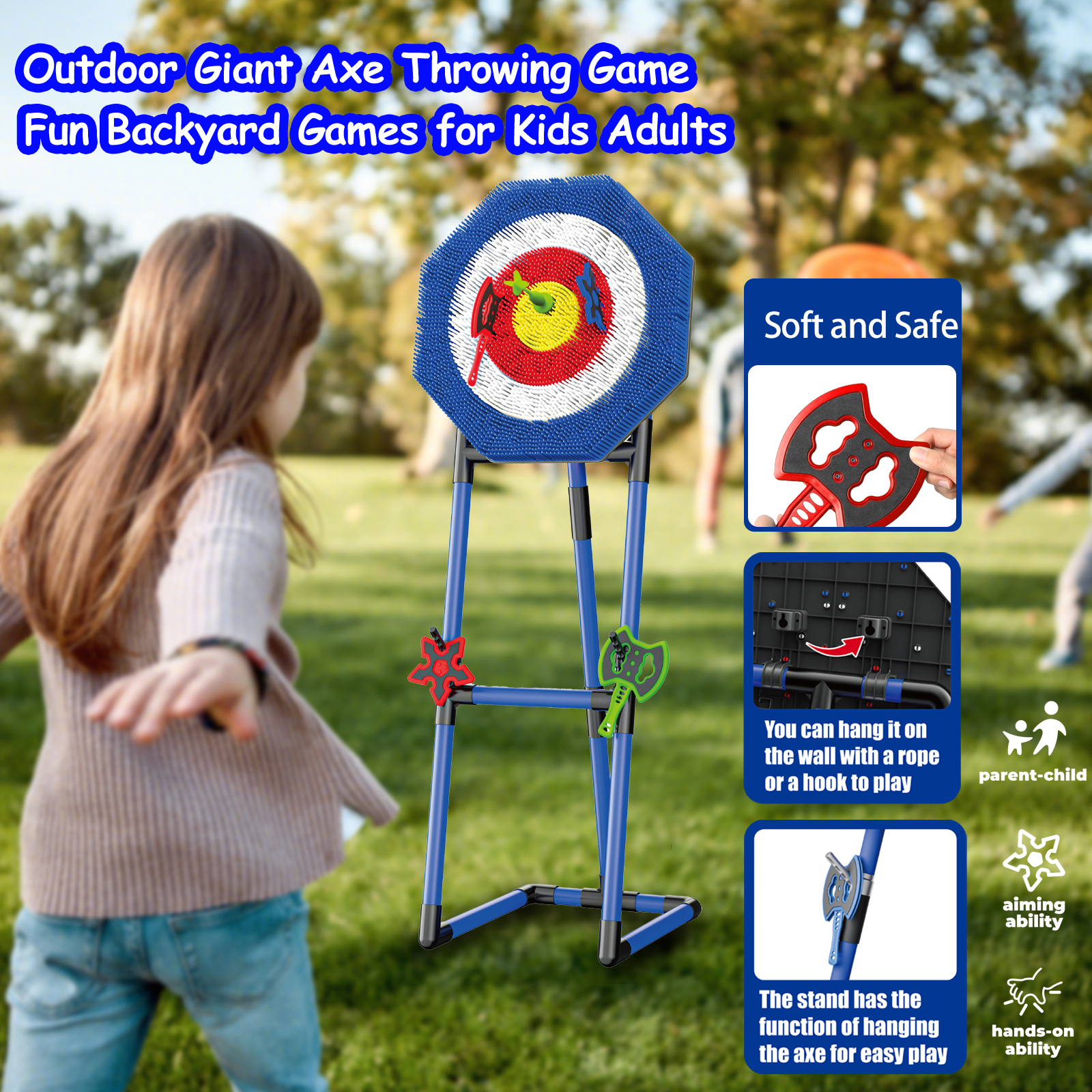 Plustopoy Axe Throwing Target Set with 3 Axes, 3 Star Darts and 2 Darts, Portable Backyard Games for Adults and Family, Indoor Outdoor Games
